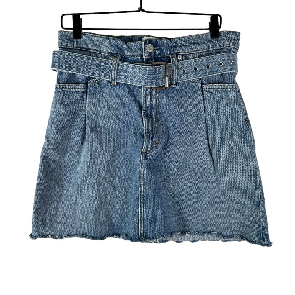 AGolde Denim Mini Skirt Belt Paperbag Cinched Waist Raw Hem 100% Cotton 27